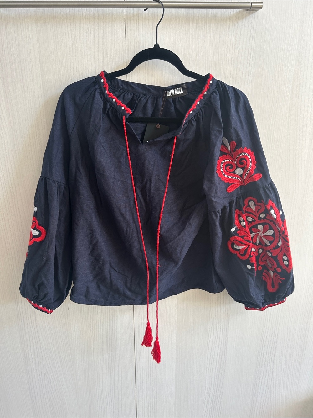 NWT BohoBeach Embroidered cotton Blouse Navy and red Peasant Blouse size M/L